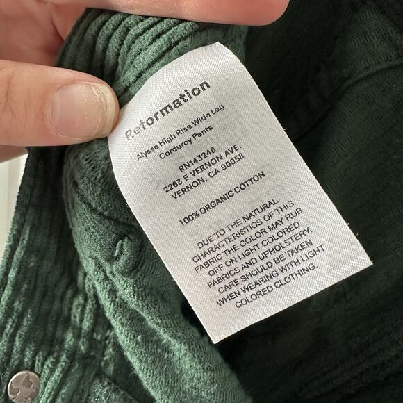 Reformation 25 Alyssa High Rise Wide Leg Corduroy Pants Dark Forest Green Whale - Picture 3 of 11